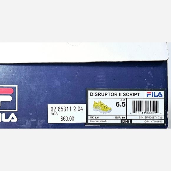 Size 6.5 Kids FILA Yellow Disruptor ll Script Sneakers - Picture 8 of 8